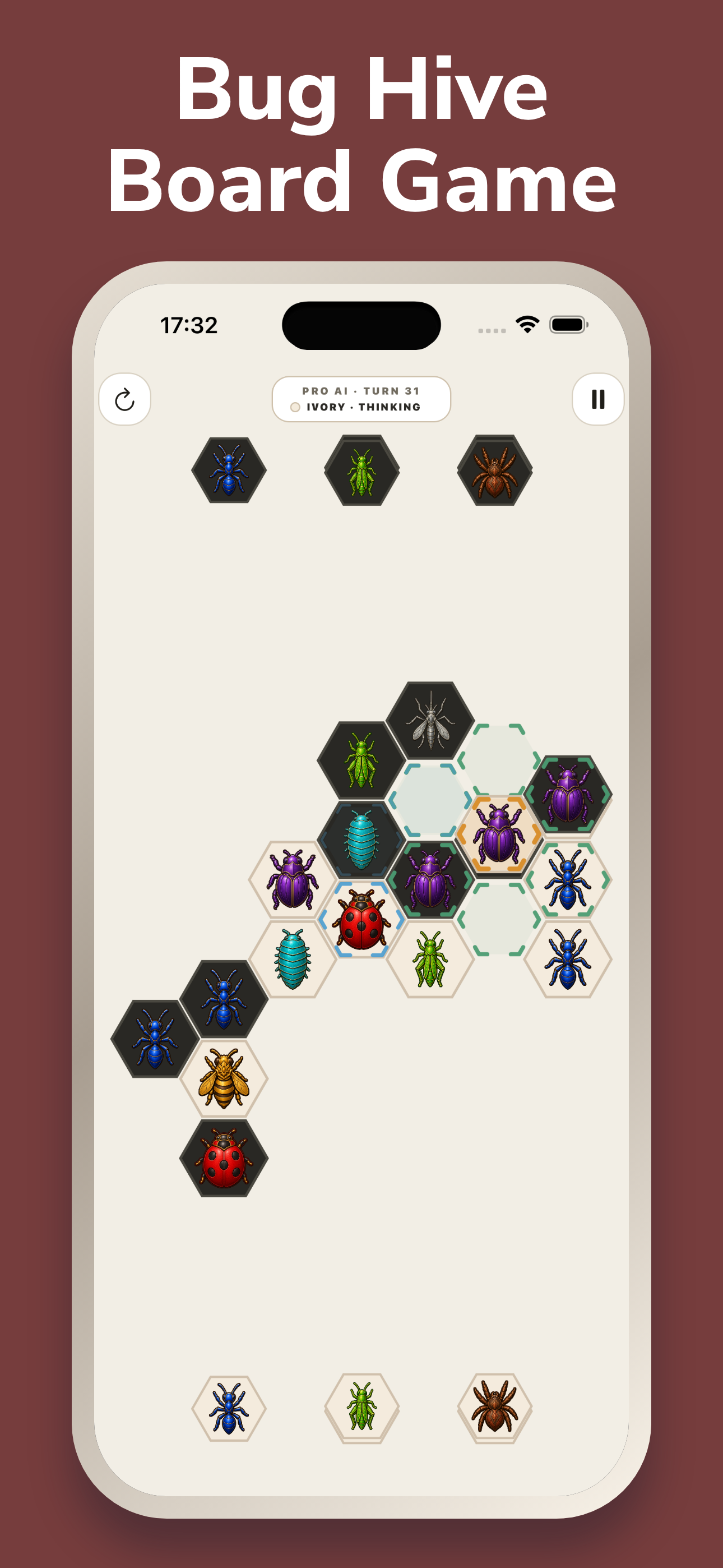 Bug Hive match showing colorful insects and available legal moves