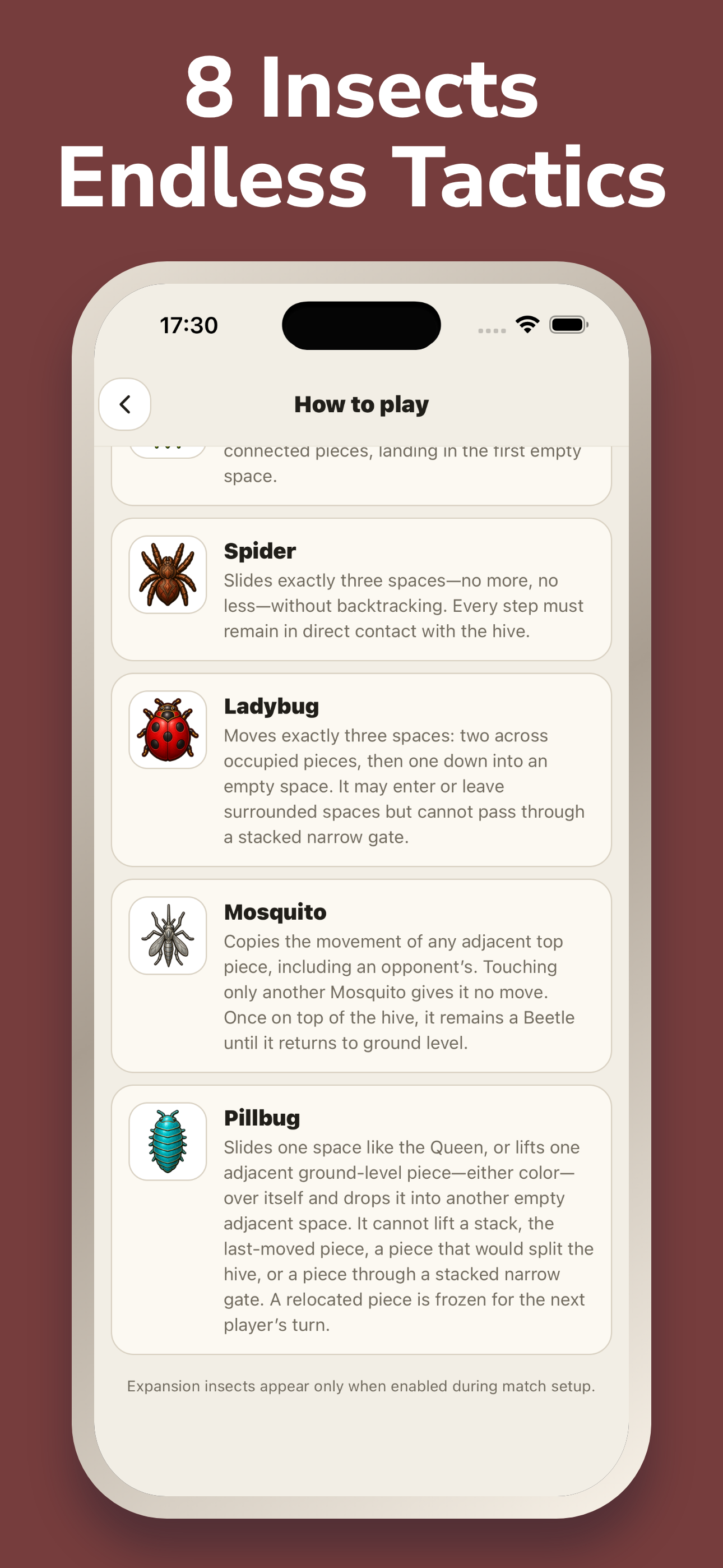 Bug Hive in-app guide explaining Spider, Ladybug, Mosquito and Pillbug movement