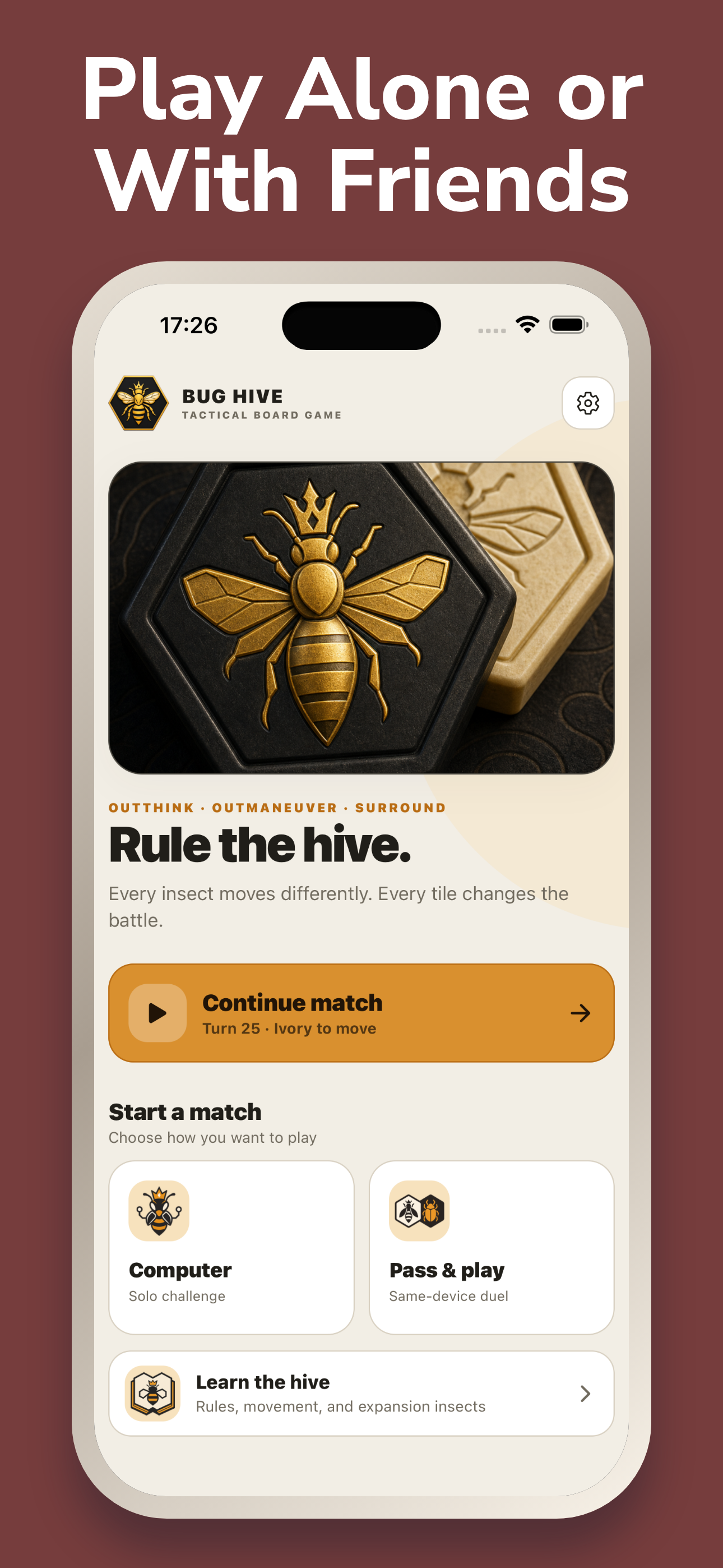 Bug Hive home screen with computer, pass-and-play and learn options